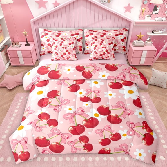 Homewish Red Bowknot Cherry 7-Piece Twin Bedding Sets For Children Teens Girls,Chic Floral Daisy Bedding Comforter Set,Cartoon Polka Dots Breathable Sheet Sets,Luxury Bedroom Decor,Reversible