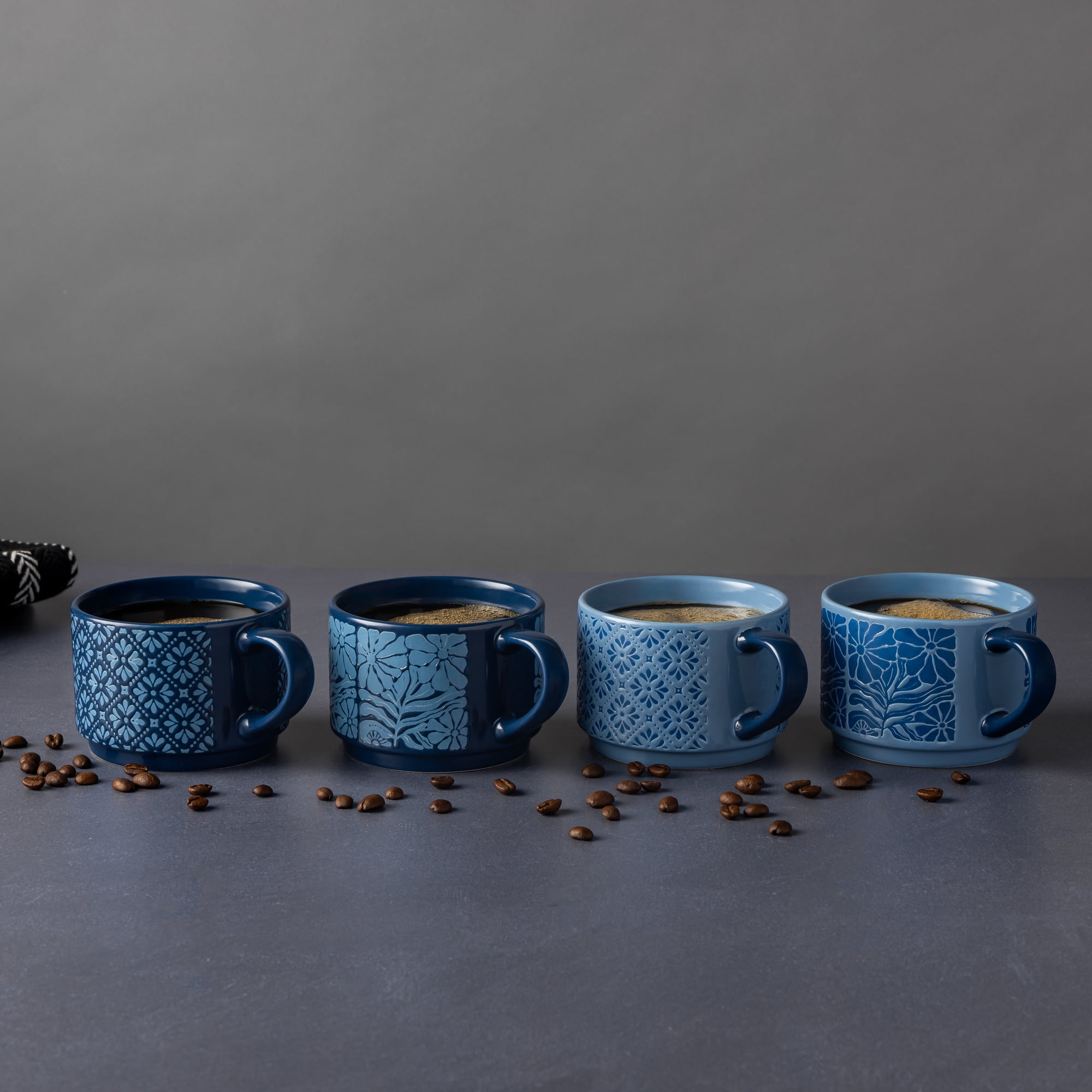 Thyme & Table 4 Pack Stacking Mugs, Blue Flowers and Blue Shapes 11.1 fl oz, Stoneware