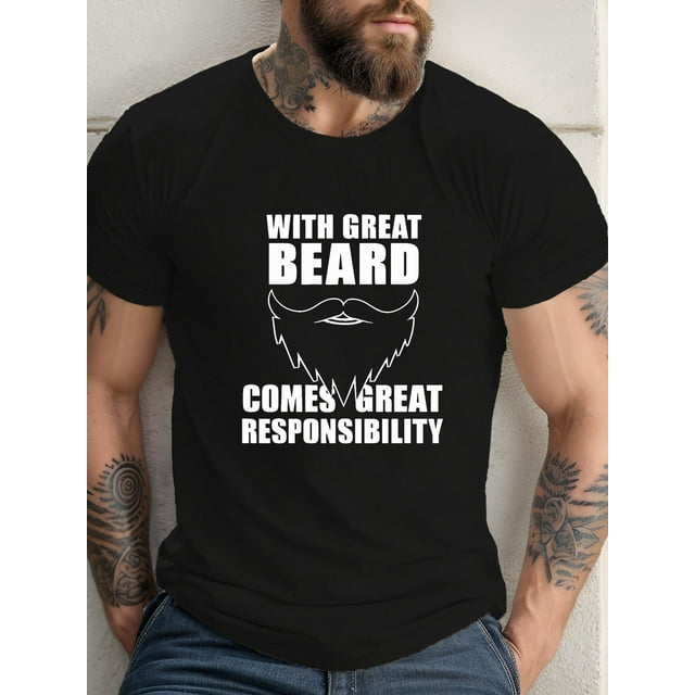 Camiseta gráfica para hombre de talla grande con la frase "Una gran barba conlleva una gran responsabilidad". Camiseta informal de algodón negra, manga corta y cuello redondo para hombres altos y corp