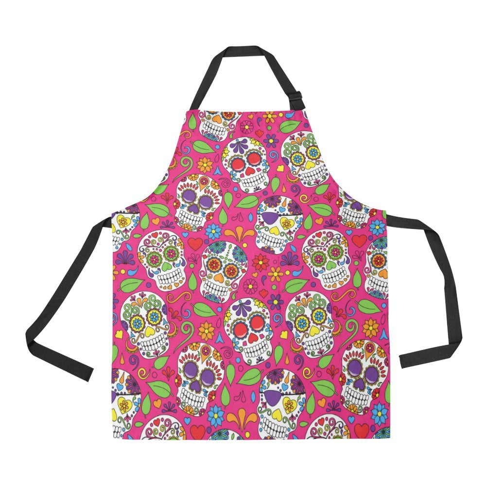 ASHLEIGH Day Of The Dead Skull Adjustable Bib Apron with Pockets for Women and Men Adjustable Black Neck Strap Kitchen Apron for Cooking, Grill and Baking
