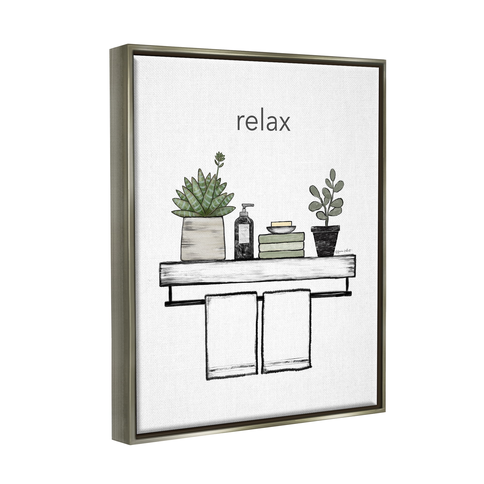 Stupell Relax Bathroom Potted Botanicals Typography Painting Gray Floater Framed Art Print Wall Art