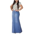 thumbnail image 2 of Mrat Long Tulle Skirts Women's Casual Front Button Washed Denim A-Line Skirts Long Jean Skirt Summer Boho Skirts S-171 Light Blue L, 2 of 4