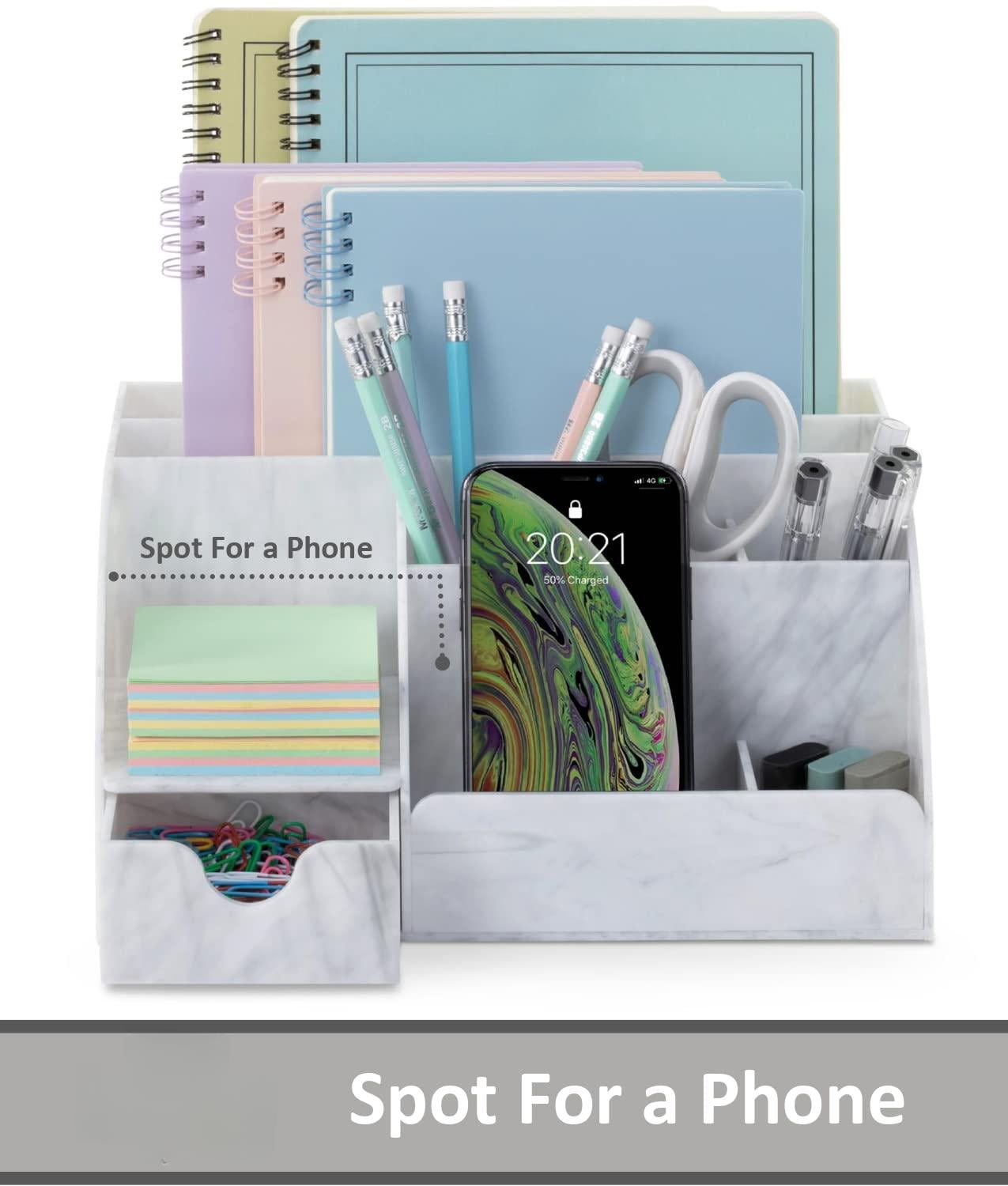 Marble Desk Organizer For Office Supplies And Accessories - 9 Sections Pencil Pen Holder Storage Desktop Organization Decor (white Grey Marble)