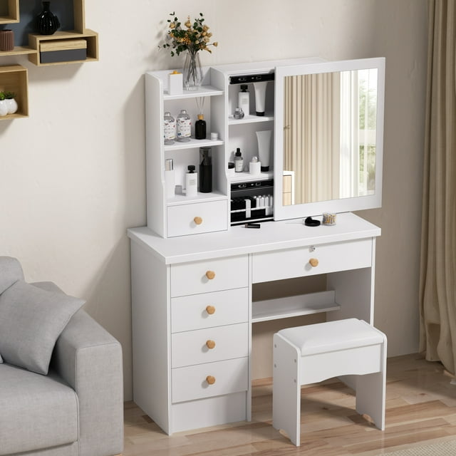 ASKMZ Coiffeuse de Luxe à 6 Tiroirs, Miroir Coulissant Réglable, Table de Maquillage à Étagères Ouvertes, Rangement Caché et Design Moderne