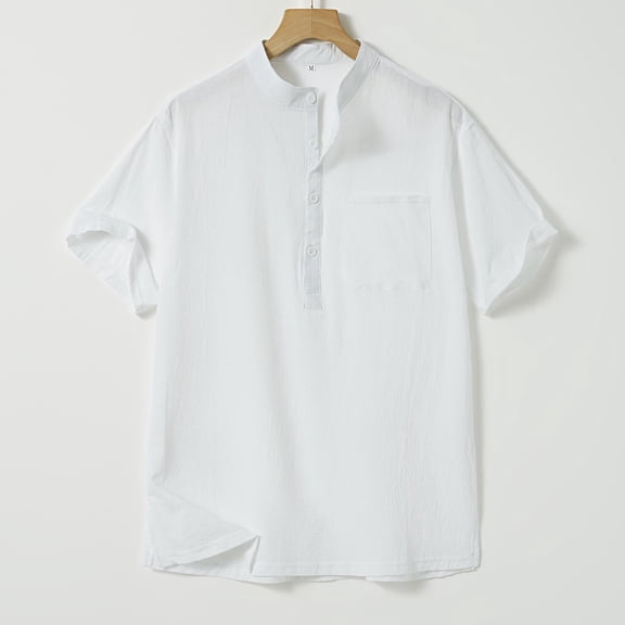 Cotton Linen Shirts for Men Oversized Button Placket Short Sleeve T Shirts Casual Solid Plus Size Loose Comfy Summer Beach Henleys Tee Shirt Top