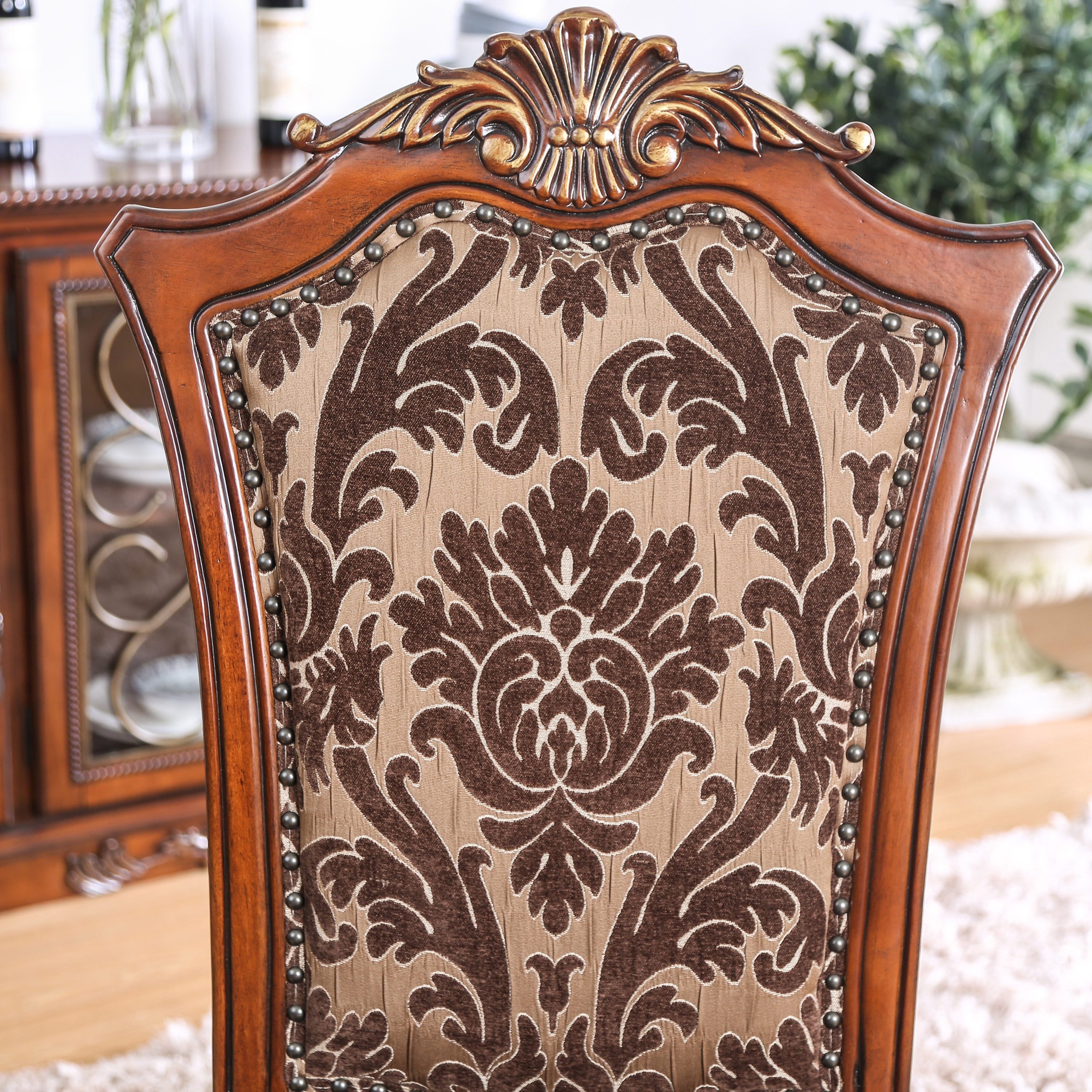 Furniture of America Lene Upholstered Indoor Fabric and Wood Brown Cherry Accent Chairs (Set of 2)