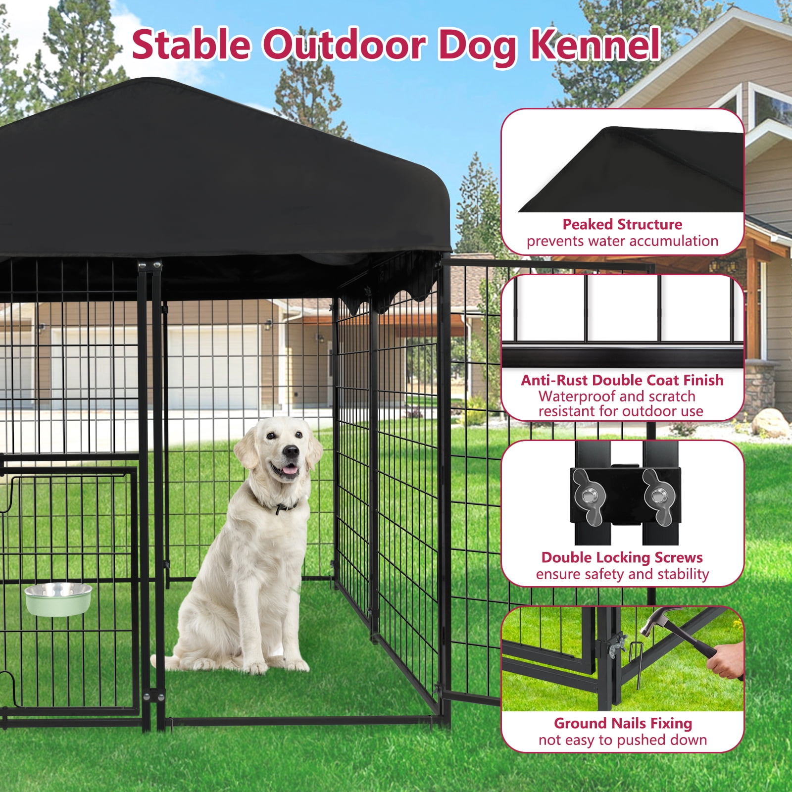 Jhsomdr Outdoor Dog Kennel 4.2ft x 4ft x 4.5ft Welded Wire Large Dog Kennel Dog Cage for Medium/Small Dogs, Heavy Duty Dog Crate with Rotating Feeding Door & UV-Resistant Cover