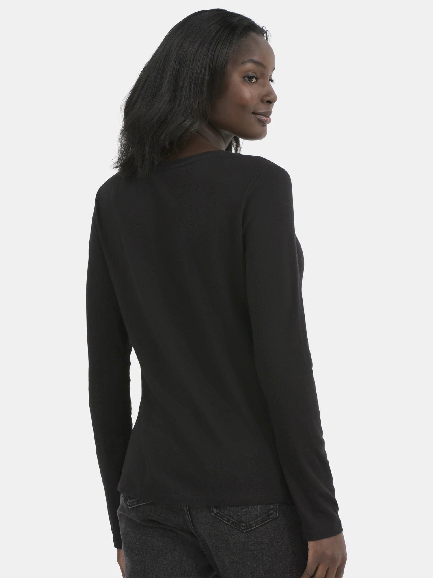 Time and Tru Women's Cotton Crewneck Tee with Long Sleeves, Sizes XS-XXXL
