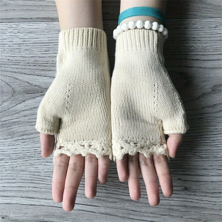 Dyfzdhu Fingerless Gloves for Women Warm Winter Trendy Floral Embroidered  Knitted Mittens White 