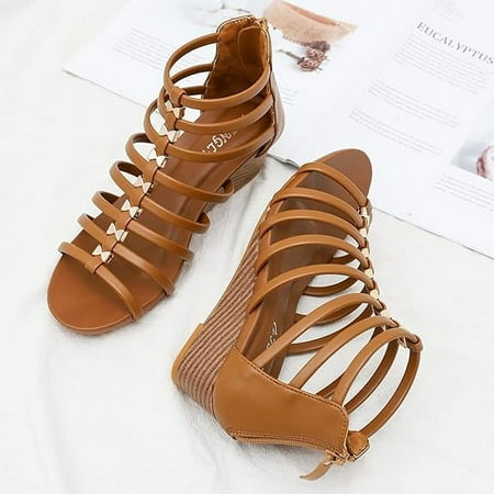 

HOLXI 2024 Gladiator Wedge Sandals for Women Summer Roman Flat Sandals Strappy Beach Sandals