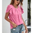 thumbnail image 3 of Women Round Neck Top Pleated Neckline Short Petal Sleeves Jacquard Fabric Casual Summer T Shirt Rose Red L, 3 of 8