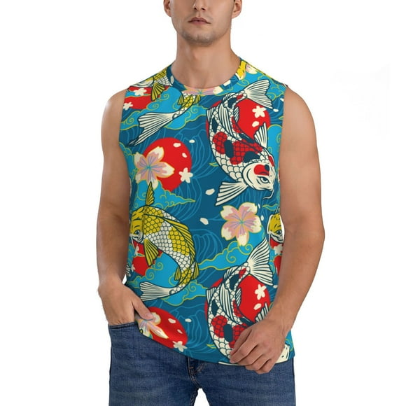 Balery Japanese Koi Camisetas sin mangas para hombre, absorbe la humedad y protege contra el mal olor.-X-Large