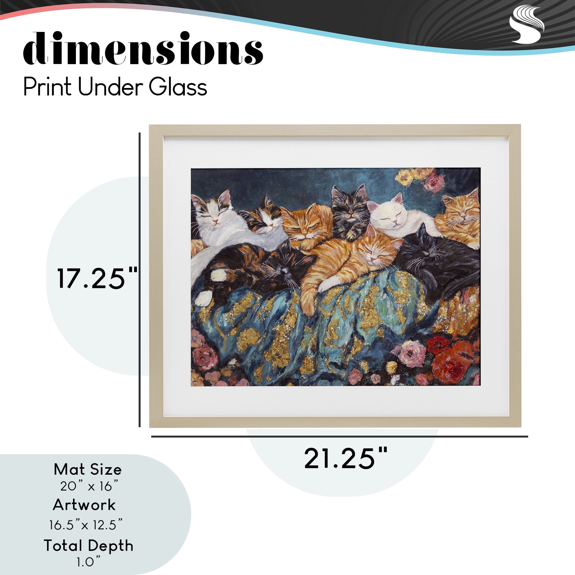 Sleepy Kitty Crowd with Flowers Birch Framed Print Under Glass, design by Sara Culpepper