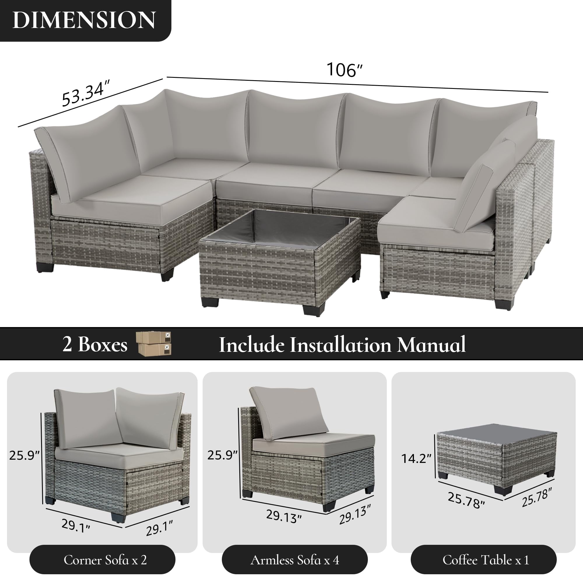 FHFO 7 Pieces Outdoor Patio Furniture Set, Wicker Sectional Sofa Set Rattan Modular Patio Conversation Sets with Cushions Couch Set & Coffee Table for Outside, Garden, Balcony, Porch, Grey/Gray