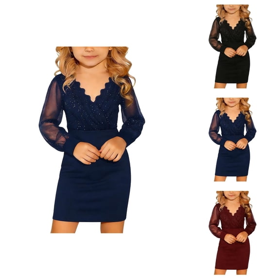 Kids Glitter Puff Long Sleeve Mesh Dress, Sequin Bodycon Mini Party Dress with Contrast Twirly Tulle, High-Low Evening Dress for Girls 5-14 Years