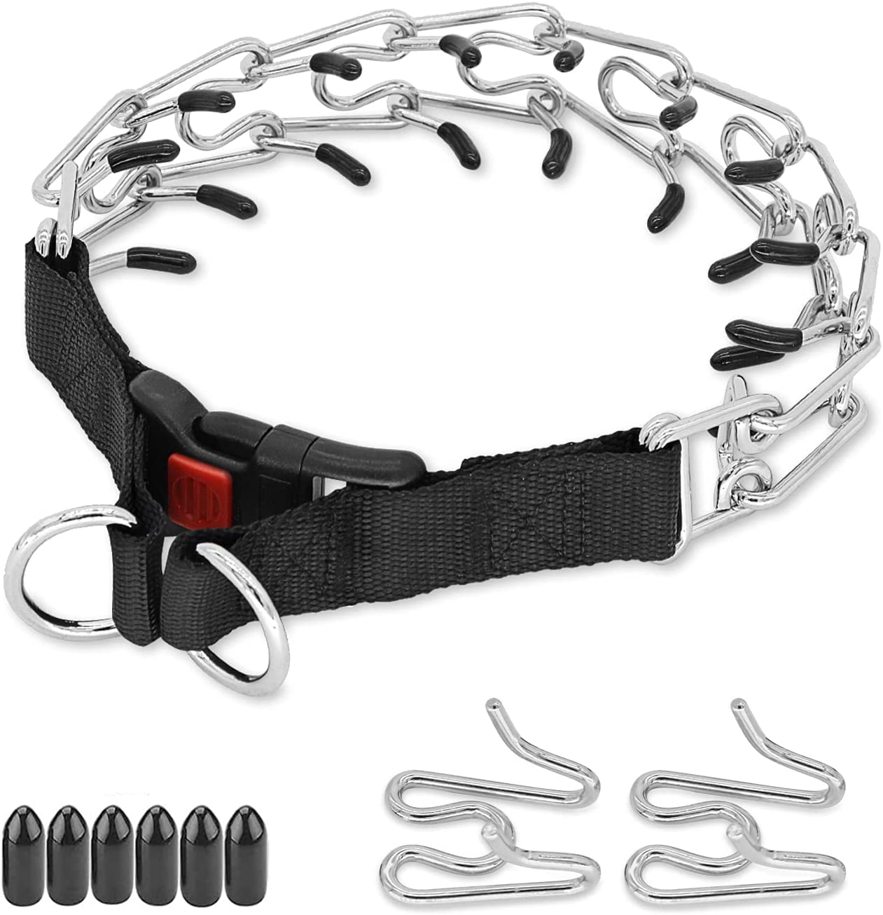 Dog Prong Collar Quick Release Snap Buckle Pinch Training Collar Adjustable Stainless Steel Links Pinch Collar Dog Choker Training Collar with Comfort Rubber Tips 