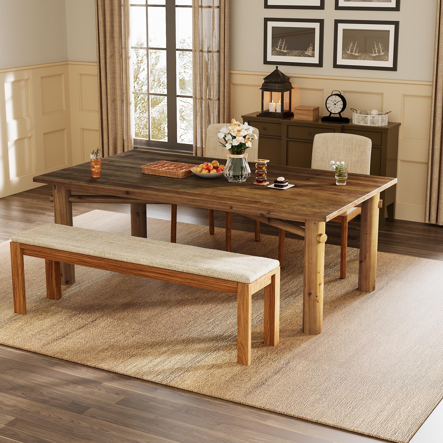 Finmind Solid Wood Dining Table for 6, 63-Inch Farmhouse Wood Kitchen Table with Strong Legs for Dining Room, Living Room, Brown