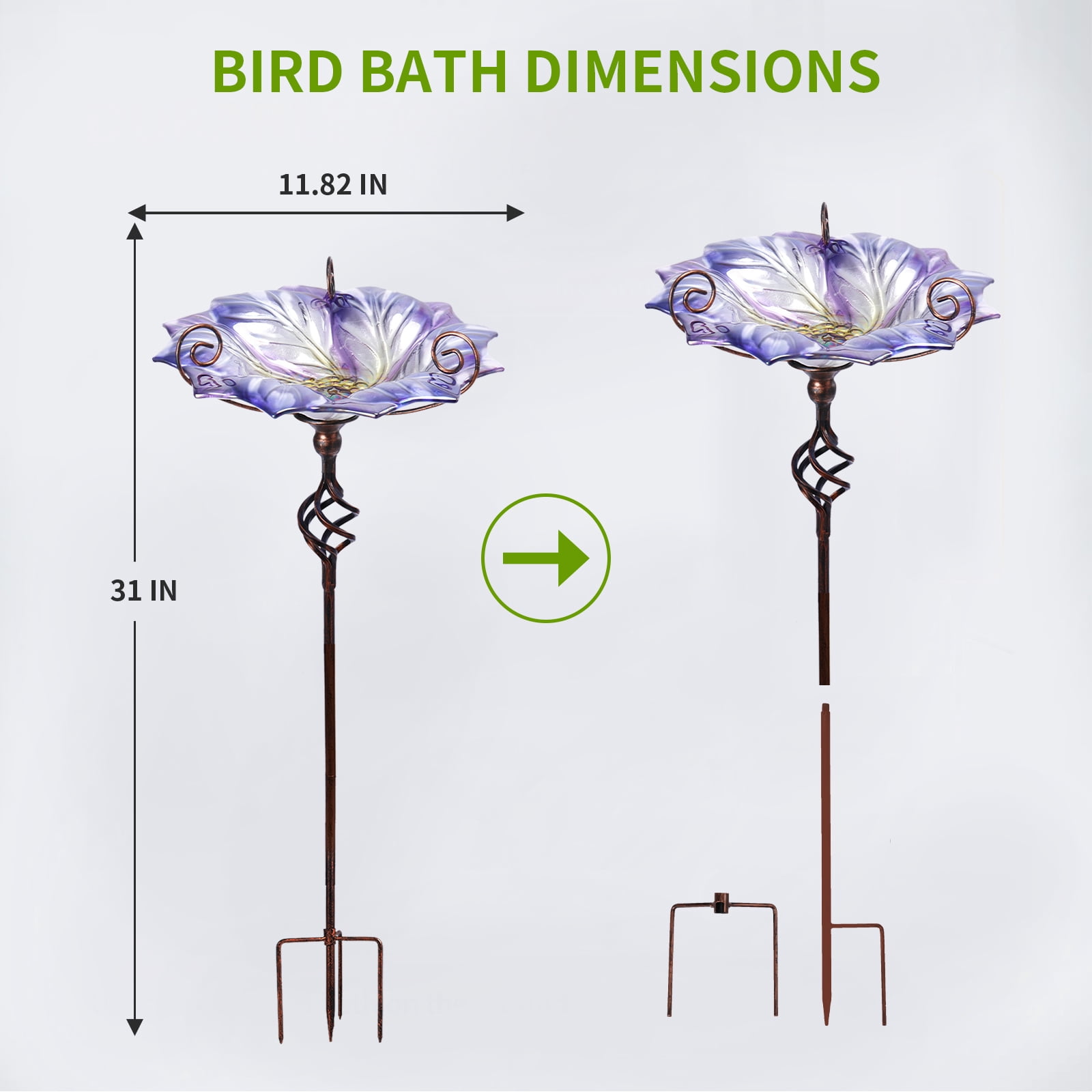 Glass Bird Bath Outdoor BirdBath Bird Feeder with Metal Stake Garden Decor, Purple