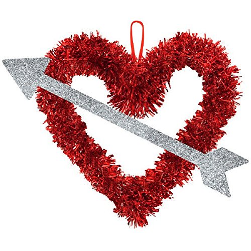 Valentine Tinsel Heart with Silver Arrow Hanging Decoration 13.5in