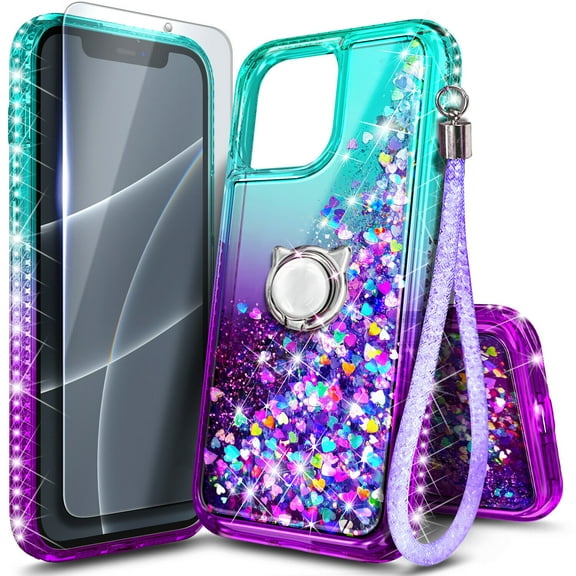 For iPhone 14 Case Glitter, Sparkly Soft TPU Bumper for Women Girls Transparent Protective Phone Case, Green&Purple