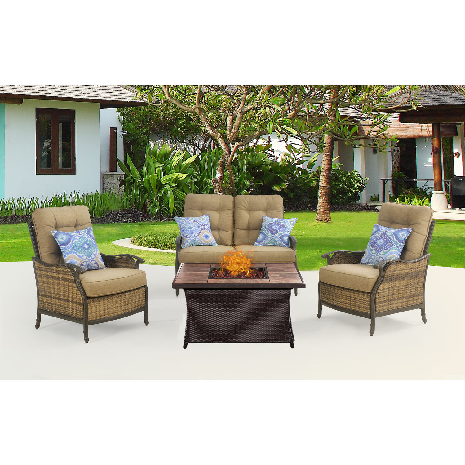 Hanover Hudson Square 4Piece Fire Pit Lounge Set with FauxStone Tile