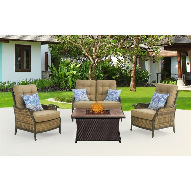 Hanover Hudson Square 4-Piece Fire Pit Lounge Set with Faux-Stone Tile Top
