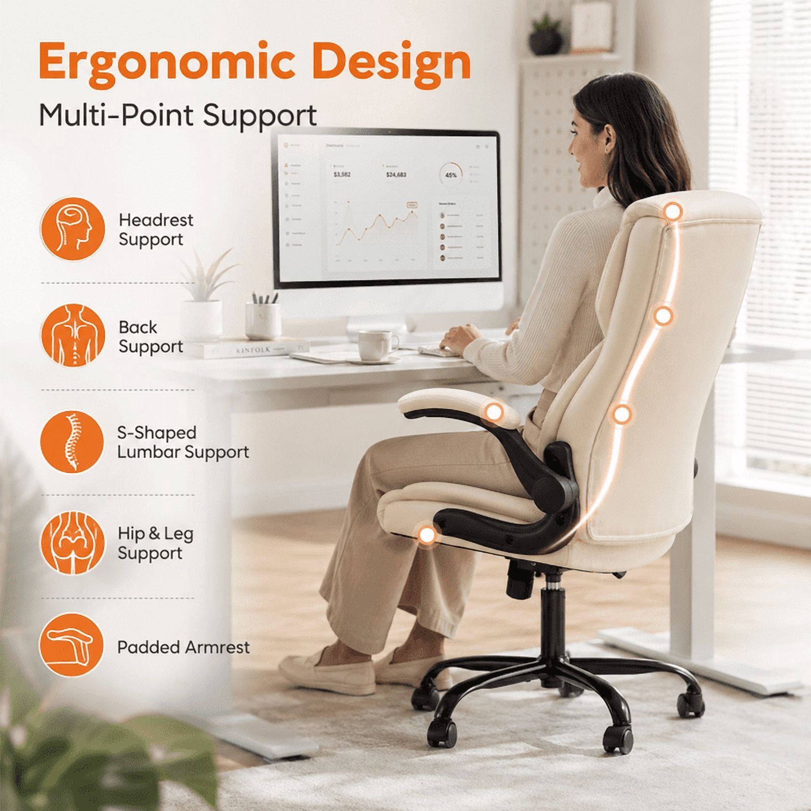 Ergonomic PU Leather Executive Office Chair, Adjustable Height Desk Chair with Lumbar Support, Wide Seat, 360° Swivel and Quiet Wheels, White