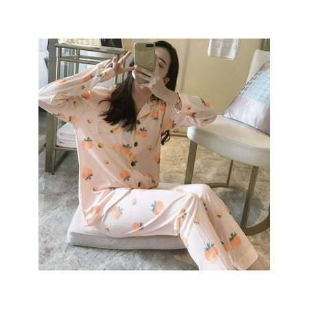 

VICOODA Women s Cardigan Pajamas Strawberry Print Loose Casual Home Wear Two-piece Set M-2XL