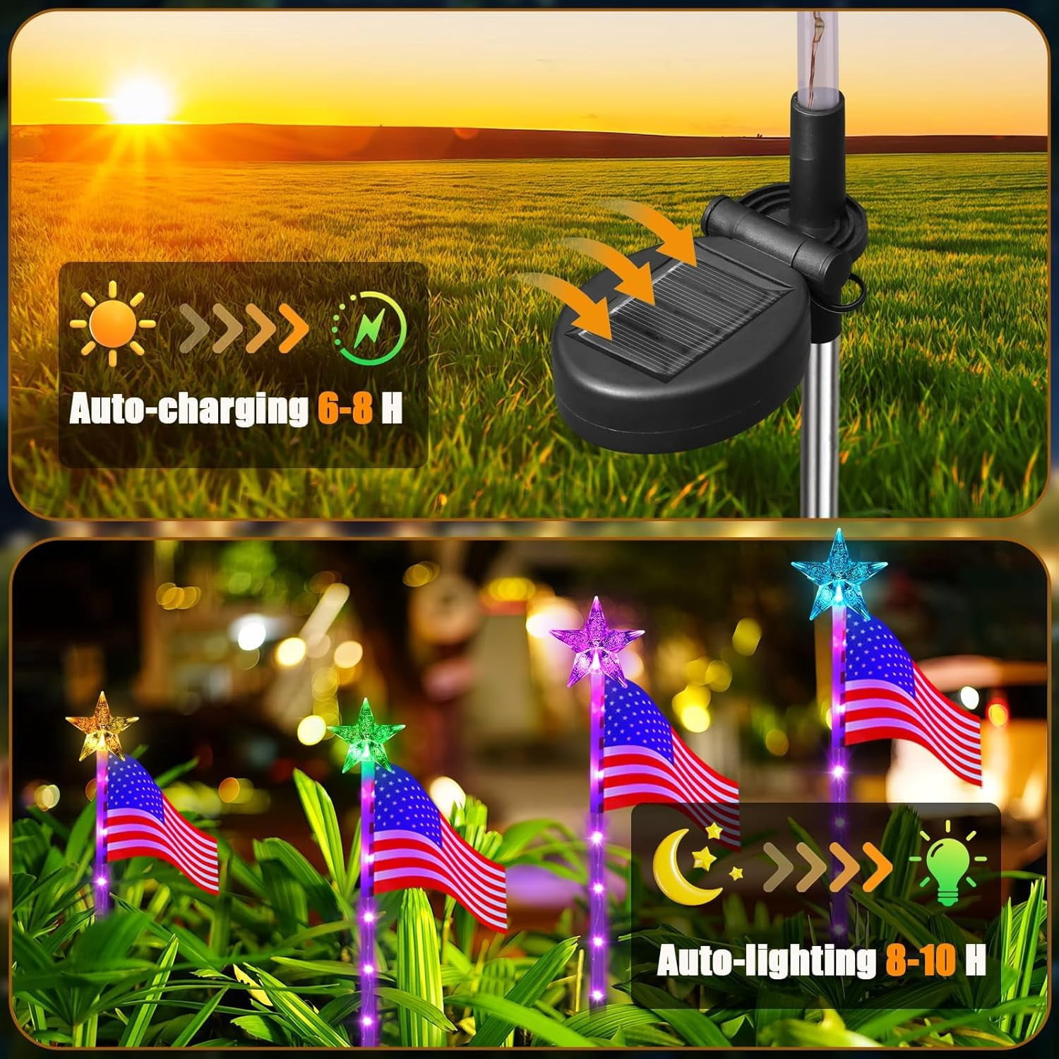US Flag Solar Garden Lights, 4 Pack 24 LED 7 Color Changing American Flag Landscape Light, 4th of July Outdoor Decor Star Solar Stake Lights for Yard Patio Walkway Pathway