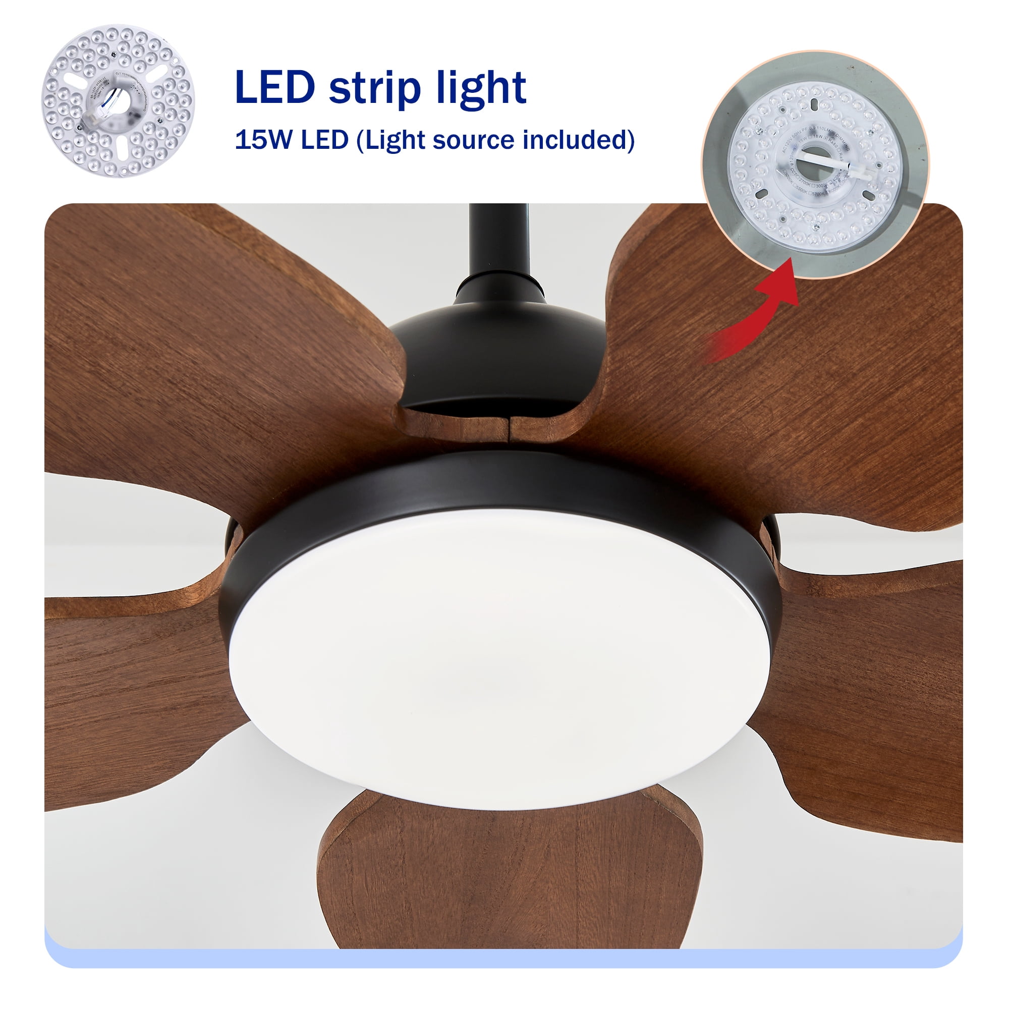 Leumius 52" Ceiling Fan with Light, Quiet DC Motor Ceiling Fans 6 Speed Levels,Reversible Ceiling Fan for Patio Living Room Bedroom Black