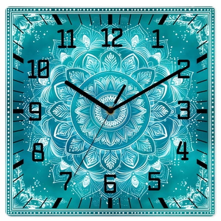 Turquoise Boho Wooden Wall Clock Silent Non Ticking, Abstract Art Floral Ethnic Tribal Square Wall Clocks Battery Operated, Decor Clock for Home Office, Living Room, Kitchen, 12 Inch