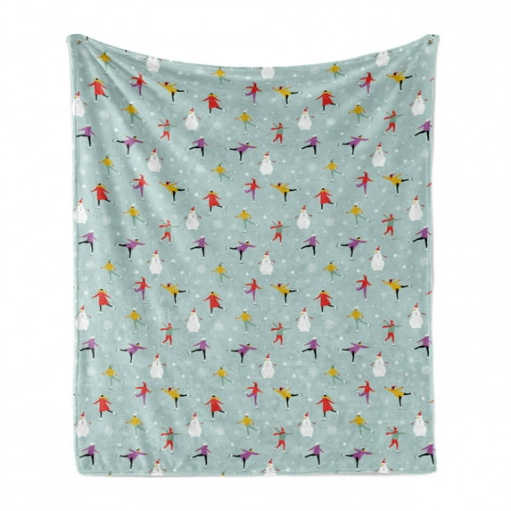 Ice Skates Soft Flannel Fleece Throw Blanket, Colorful Merry Christmas Theme with Human and Snowflakes Pattern, Cozy Plush for Indoor and Outdoor Use, 50" x 60", Pale Seafoam Multicolor, by Ambesonne