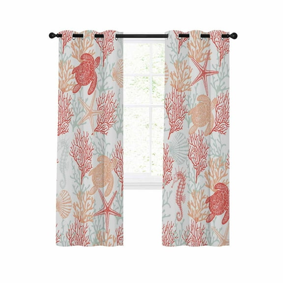 Red Orange Coastal Blackout Curtains 39 Inches Long for Bedroom,Sea Turtle Nautical Coral Summer Beach Thermal Insulated Room Darkening Black Out Window Curtain Panels Grommet Drapes for Living Room
