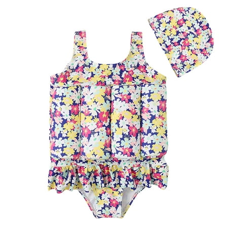 

GYRATEDREAM Girl One Piece Swimsuit Swim Cap 2-6Y Buoyancy Toddler Kids Floral Rashguard Flotation Bathing Suit