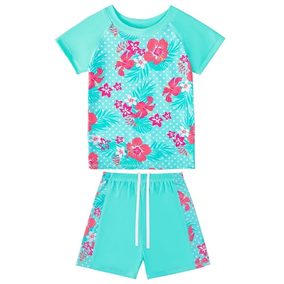Xfvqtps Child Girls 2PCS Swimsuit Rash Guard Set Top and Shorts Set Pullover Drawstring Short Sleeve Quick Dry Flower Print Stretchy Beach Summer Bathing Suits Swimwear for 4-12 Years Green