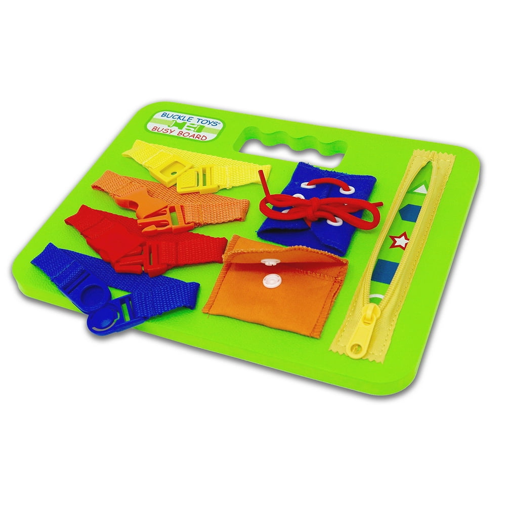 Buckle Toy Busy Board Learn to Snap, Zip, Tie Shoe Laces and Buckle