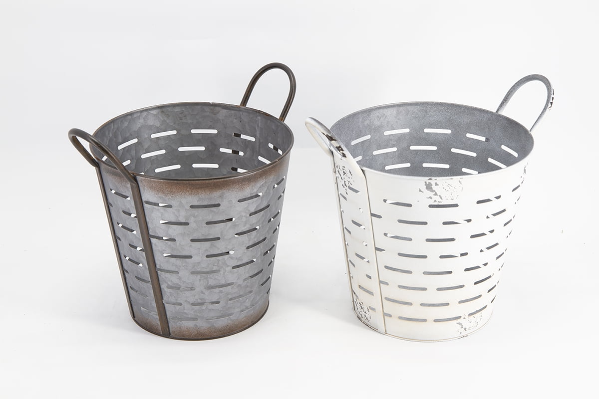 Set of Six Olive Baskets with Handles, Three Distressed Vintage White