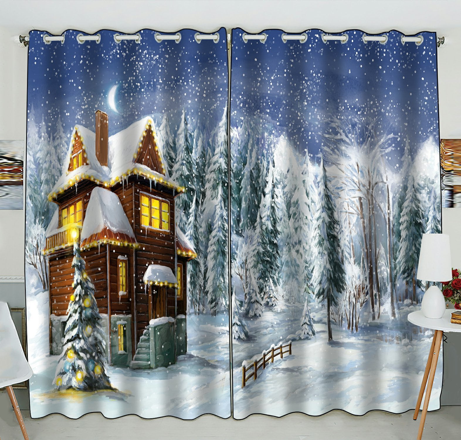 Phfzk Festival Window Curtain, Christmas Winter Happy Scene Window