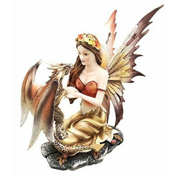 Beautiful Scarlet Fire Fairy Goddess With Pet Spotted Dragon Figurine Meadows of Fae Garden Collector Sculpture Statue