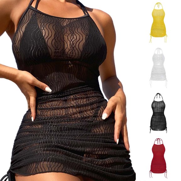 Swim Cover Up for Women Solid Swim Cover Up Dress with Drawstring Beach Mesh Skirt Swim Coverups for Women