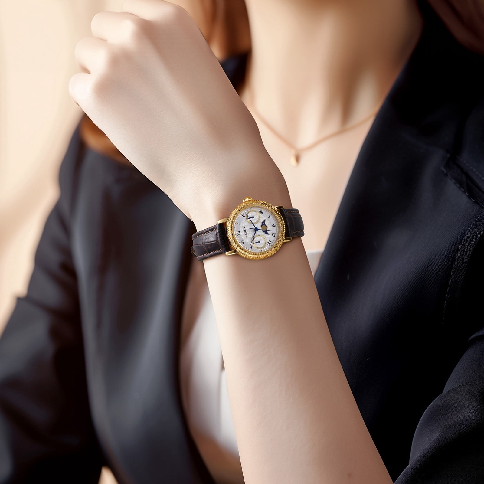 BERNY Womens Leather Watch, Vintage Roman Numerals Luxury Moon Phase Watch with Day & Date, Stainless Steel, Sapphire Crystal, Waterproof, Fashion Dress Analog Quartz Wrist Watches for Women (Gold)