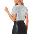 thumbnail image 3 of INSPIRE CHIC Women's Top Sequin Glitter Short Sleeve Cropped Round Neck Tassel Cocktail Party Sparkly Top S Silver, 3 of 6