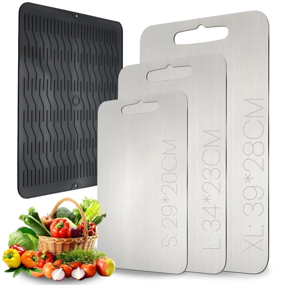 OSLIFE 3 Piezas Tablas para Picar Cocina,Tabla para Picar Acero Inoxidable,Tabla de Corte con Alfombrilla Antideslizante,Titanium Cutting Board en Tres Tamañ