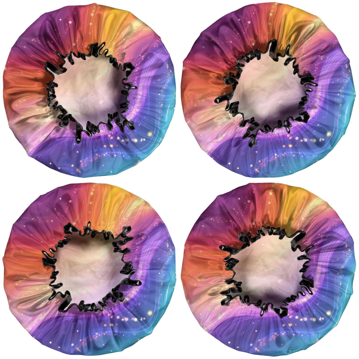 Shower Caps,Rainbow Tie Dye Wave Pattern Waterproof Shower Cap for Women 4 Pieces,Double Reusable Hair Cover for Shower PEVA Elastic Stretch Hem
