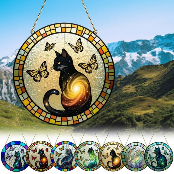 Lwlmwt Stained Glass Style Window Decoration 7.8-inch Cat Sun Catcher Window Decoration Cat-Themed Hanging Ornament Christmas Gifts Suitable for Windows Home Decor and Christmas Tree Decoration