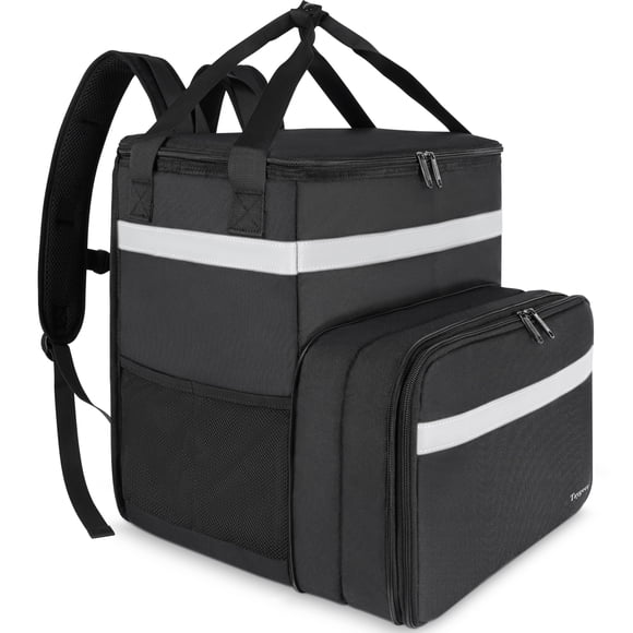 Taygeer Food Delivery Backpack, Expandable Insulated Food Delivery Bag, Portable Food Warmer with 4 Mesh Pockets and Reflective Strip, Black