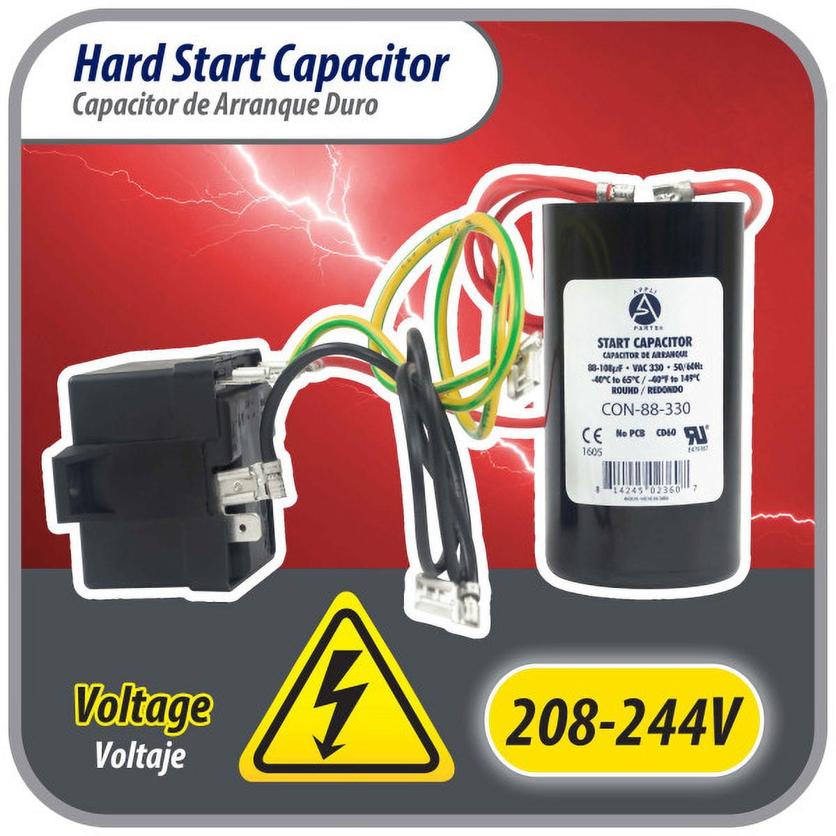 Appli Parts APHS-1 1 to 3 TON Hard Start kit 208-244 V, 1 Ph for air conditioner includes Capacitor 88-108mfd 330V and Potential Relay for Air Conditioner scroll and reciprocating compressors