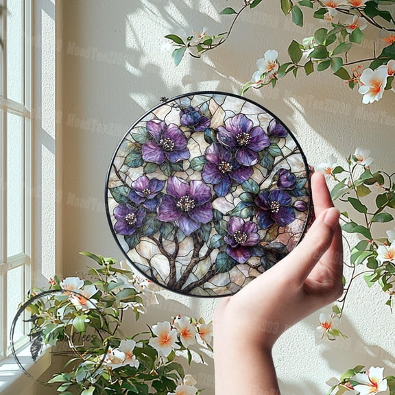 Handmade Stained Glass Violet Suncatcher: Floral Window Art