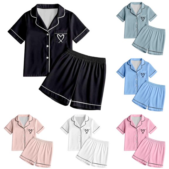 HAYIMI Girls Sleepwear Set 2pcs Tween Love Heart Print Short Sleeve Button Lapel Blouse Tops And Shorts Pajamas Set Soft Comfortable Loungewear Kids Homewear, 2-3 Years
