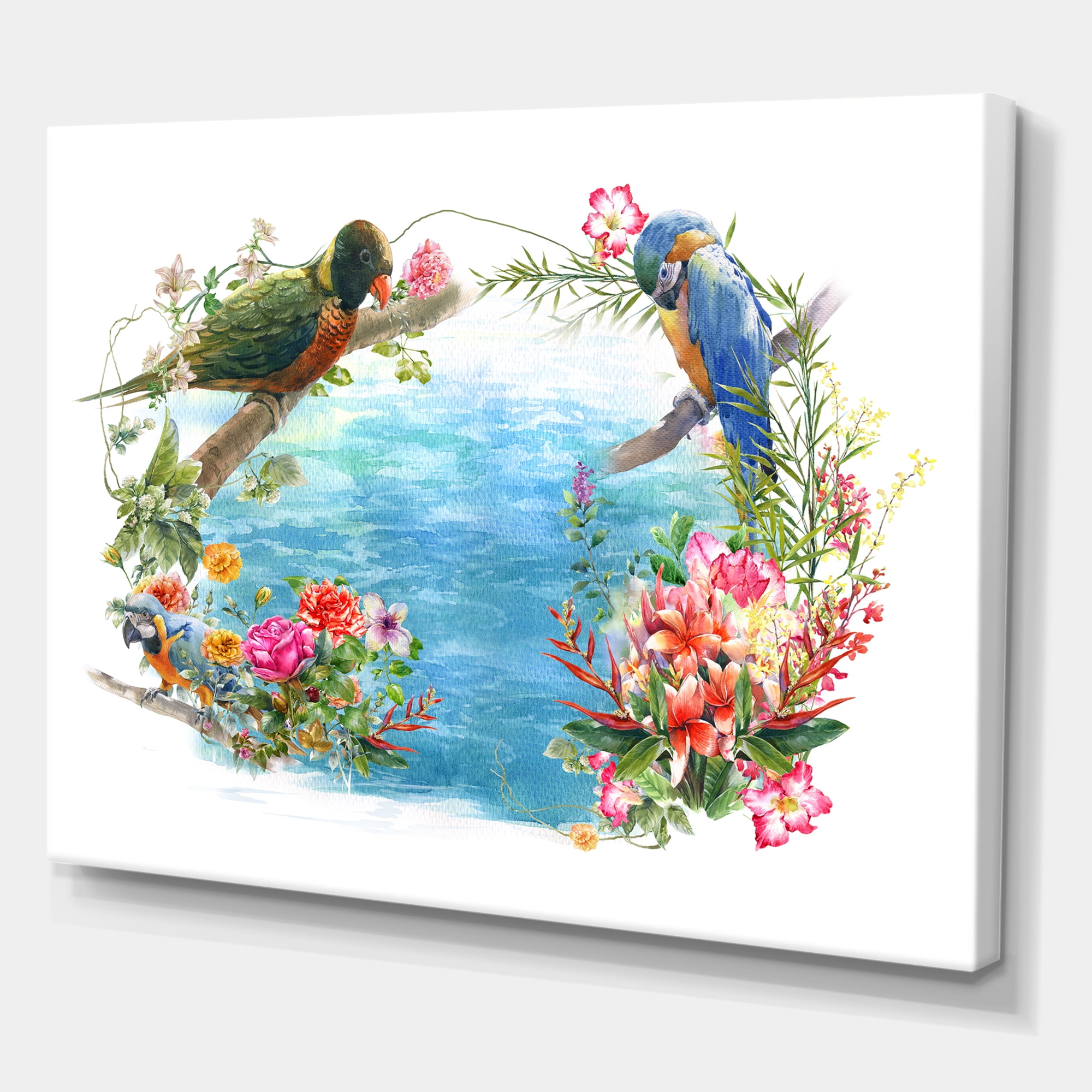 Parrots and Flowers By The Blue Waterside 12 in x 8 in Painting Canvas Art Print, by Designart